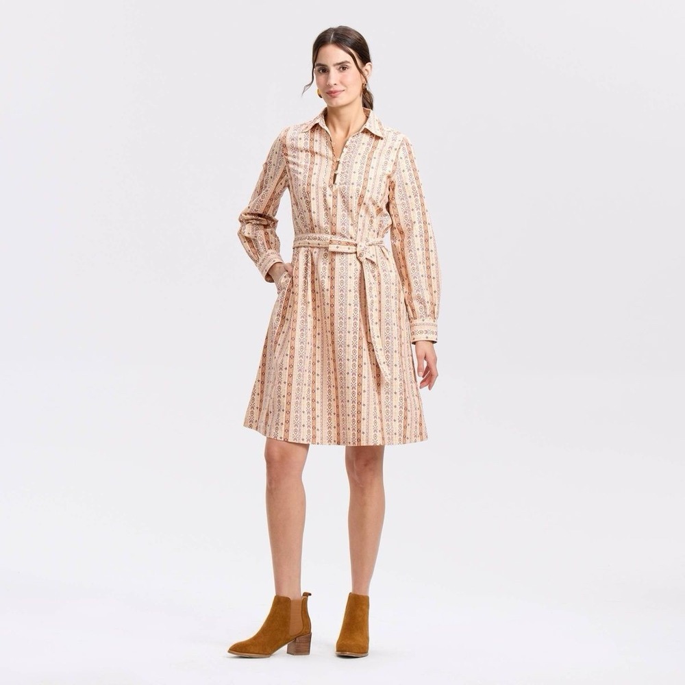Universal Thread NWT Bishop Long Sleeve Poplin Shirtdress Large Beige Striped